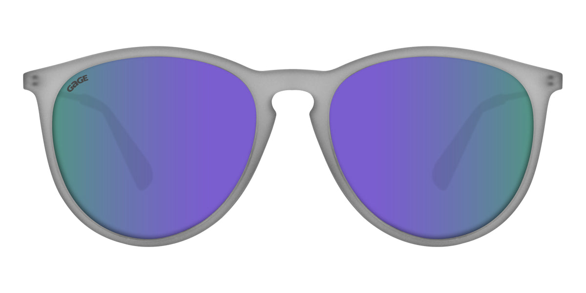 Transparent Matte Grey Sunglasses With Silver Metal Arms and Polarized Purple Lenses