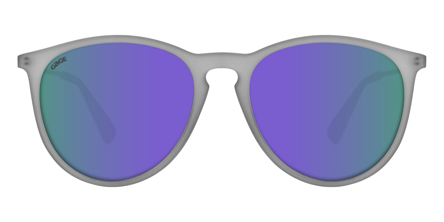 Transparent Matte Grey Sunglasses With Silver Metal Arms and Polarized Purple Lenses