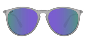 Transparent Matte Grey Sunglasses With Silver Metal Arms and Polarized Purple Lenses