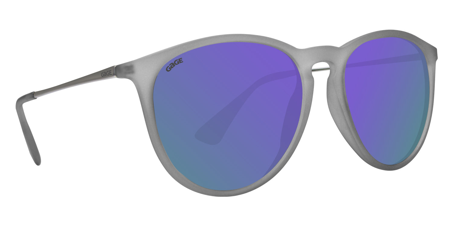 Transparent Matte Grey Sunglasses With Silver Metal Arms and Polarized Purple Lenses